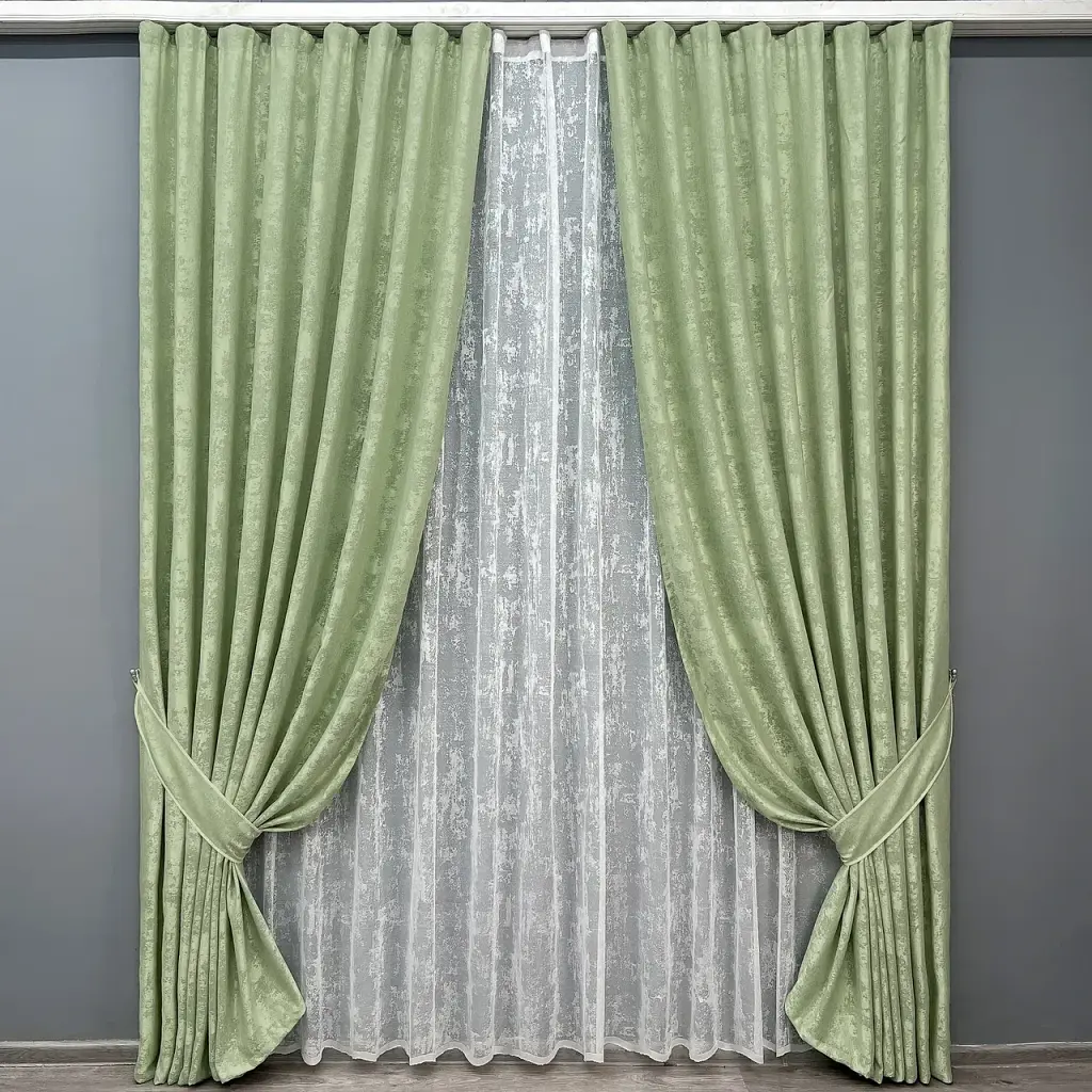 Комплект штор з тюлем VR-Textil Жакард Мармур, світло-оливковий з білим, 2 штори 100×270 см + тюль 400×270 см, арт. 71-192/2