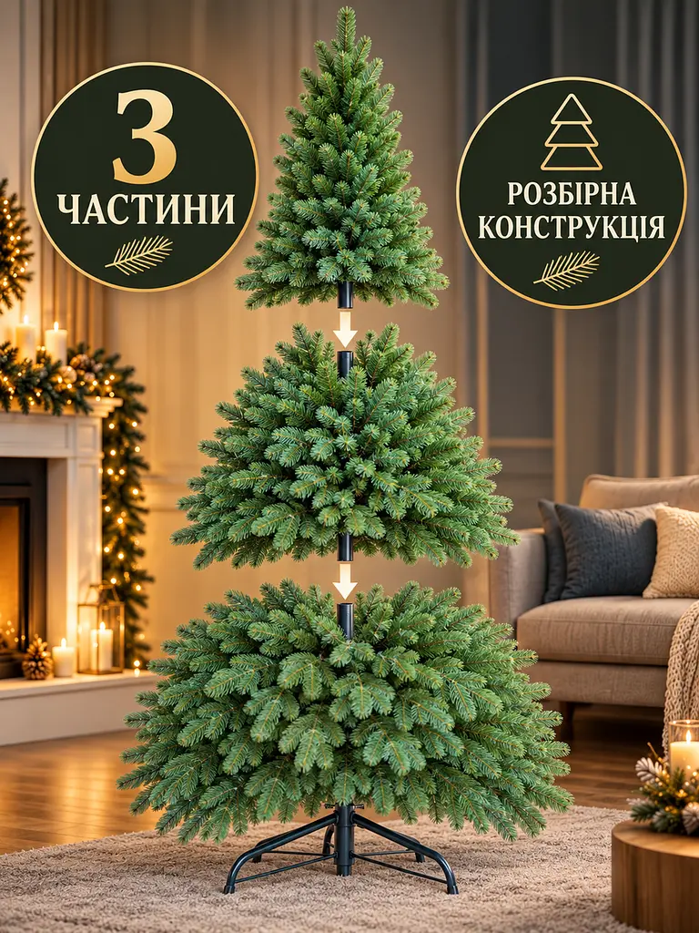 Лита штучна ялинка РЗ21 Кришталь 210 см з густою хвоєю на металевій підставці, зелена (49676492) - фото 6