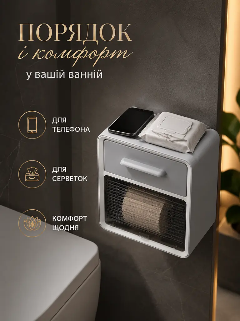 Тримач для туалетного паперу сірий 24×22×14 см із полицею та шухлядою (49676122) - фото 4