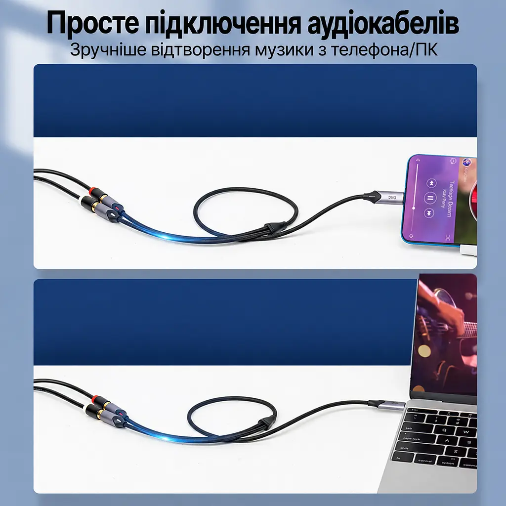 Аудіокабель-перехідник Vention 1,5 м тюльпани зі штекера USB-C на 2 гнізда RCA із вбудованим ЦАП у бавовняному обплетенні для підключення до гнізд RCA потрібен додатковий стереокабель RCA зі штекерами на обох кінцях сірий (BGVHG) - фото 2