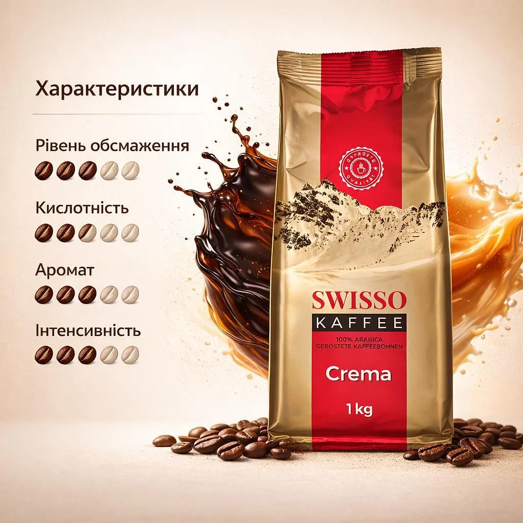 Кава в зернах Swisso Kaffee Crema 100% Arabica 1 кг натуральна зернова кава для кавомашини - фото 3