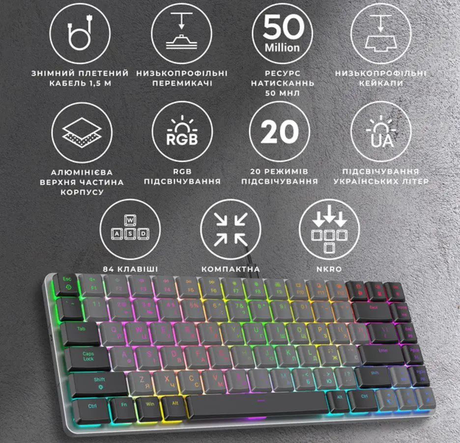 Клавіатура ігрова механічна GamePro GPMK-141R Red Swich Low Profile 75 RGB Dark Gray - фото 3