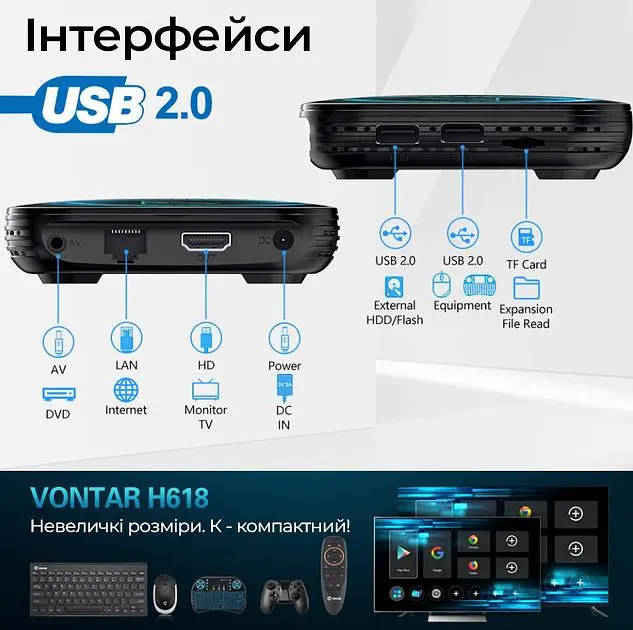 Смарт ТВ приставка Vontar H618 4/64Gb, медіаплеєр Android SmartTV Box 8K HDR, YouTube та фільми без реклами, налаштування Android TV у подарунок - фото 9