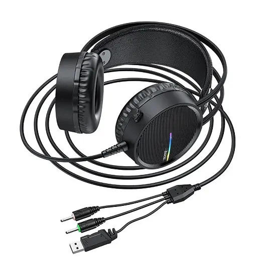 Проводные наушники Hoco W100 Touring с микрофоном и LED подсветкой (Черный) - фото 7