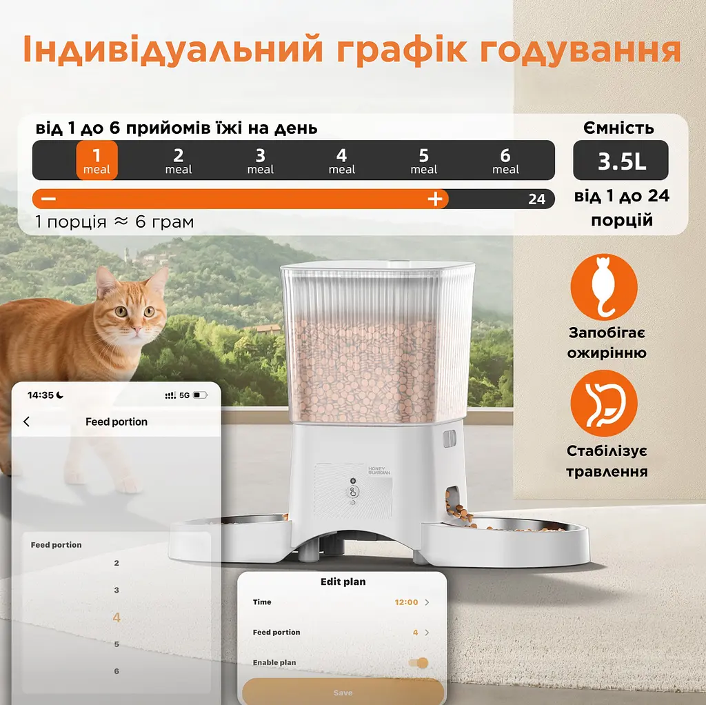 Автоматична годівниця для котів HoneyGuardian S25D 3,5 л Wi-Fi з двома мисками, Білий - фото 2