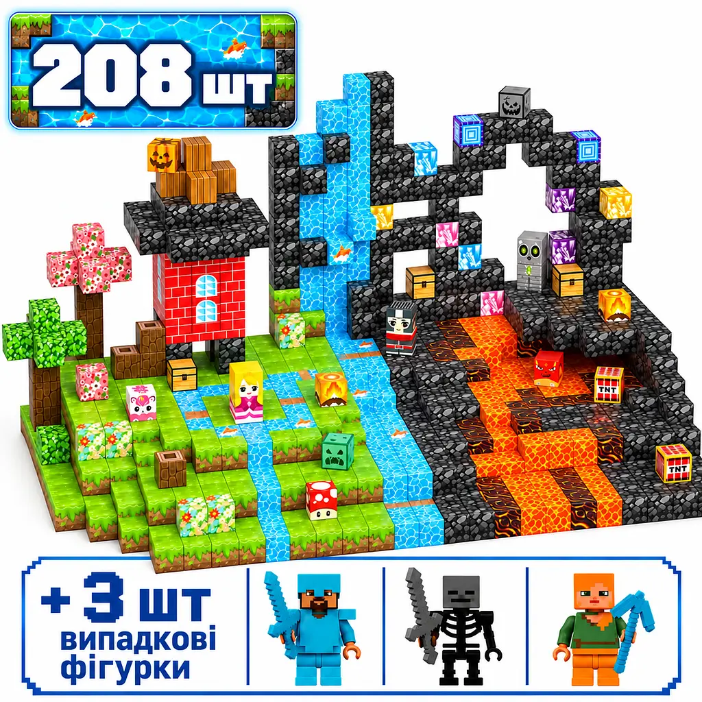 Магнітний конструктор Minecraft 208 шт по грі Майнкрафт Два світи: Вода та Лава Mk001064 - фото 3