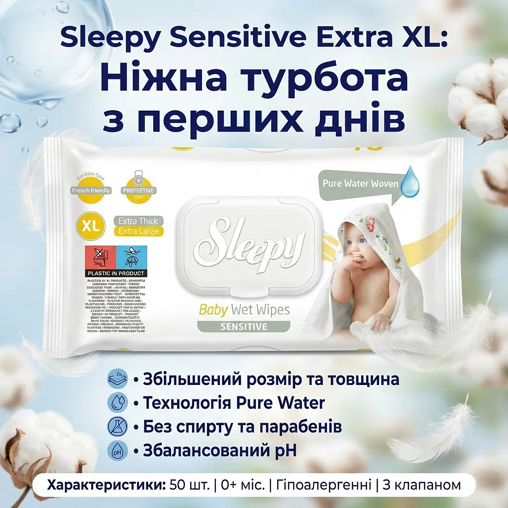 Вологі рушники для дітей Sleepy Sensitive Extra XL (20 x 30 см) 50 шт. Екстра великі серветки для зміни підгузка - фото 2