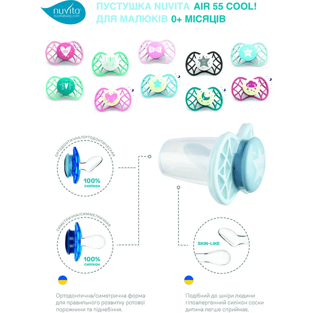 Силіконова симетрична пустушка Nuvita Air55 Cool Star, світиться в темряві, 0+ міс., світло-блакитний (NV7065GA) - фото 6