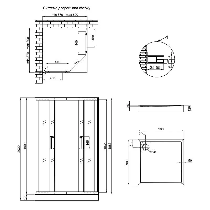 Душова кабіна Qtap Taurus CRM1099SC6 Clear 2020x900x900 мм + піддон Tern 309912C 90x90x12 см із сифоном - фото 13