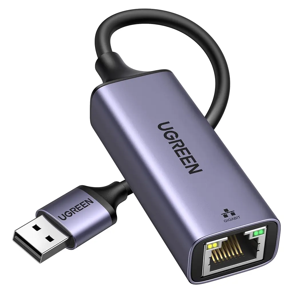 USB-мережевий адаптер UGREEN CM209 мережева карта вхідний штекер USB-A 3.0 та вихідний порт RJ45 Gigabit Ethernet 10/100/1000 Мбіт/с вбудований кабель 10 см сумісний із Nintendo Switch живлення від USB без зовнішнього блока живлення зворотна сумісність із USB 2.0/1.1 світлодіодні індикатори Link та Activity космічний сірий (50922)