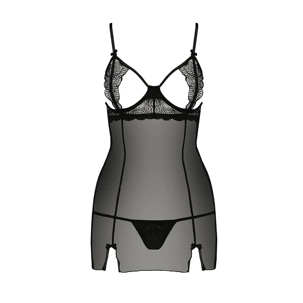 Прозора сорочка приталена Passion QUENTRIS CHEMISE XXL/XXXL, black, трусики - фото 5
