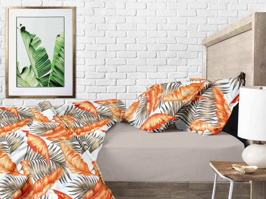 Комплект постільної білизни Cosas сімейний з простирадлом на резинці ORANGE PALMS 2 x 160 x 220 см (PalmBeigeOrange_El-Quartz_160x2) - фото 2
