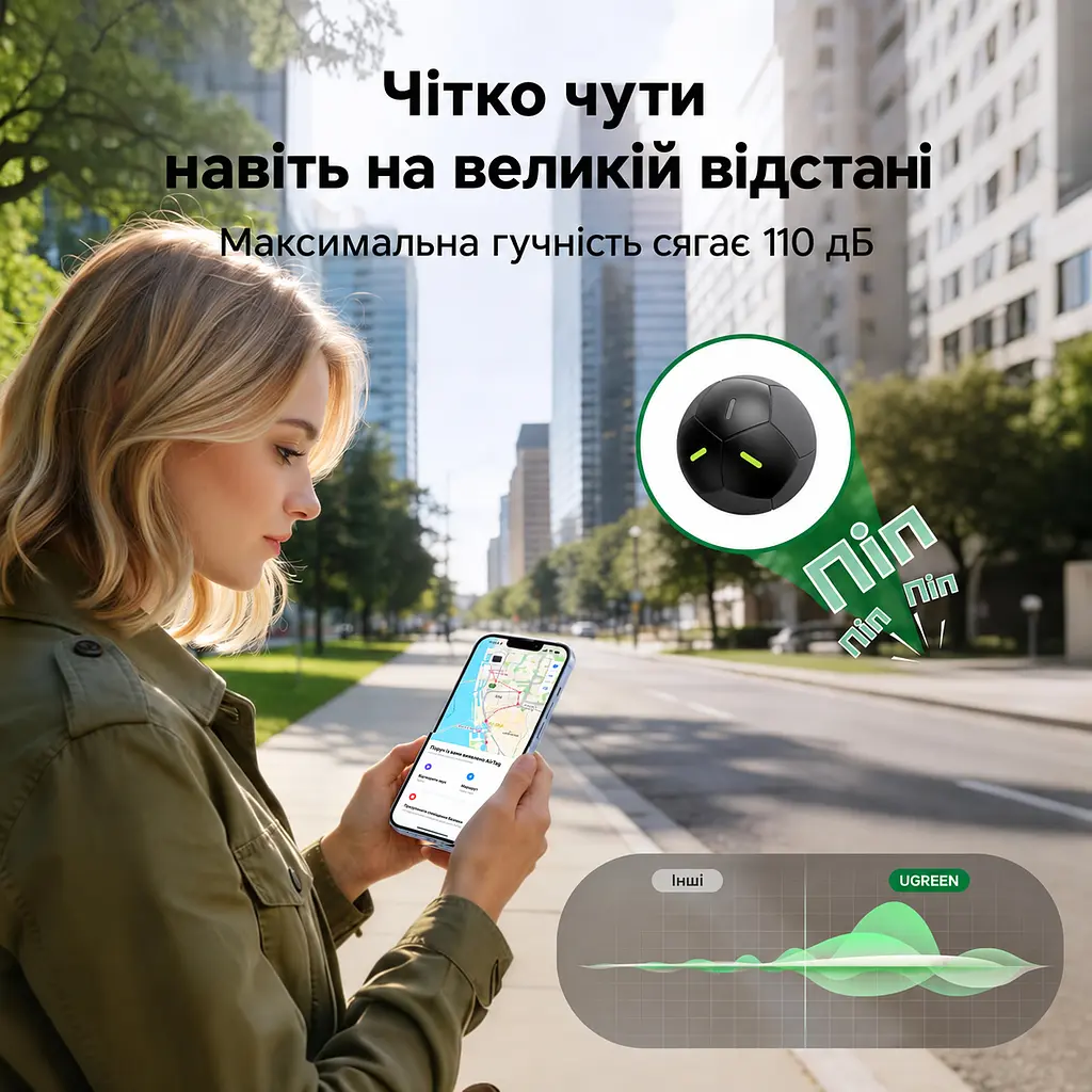 Bluetooth-трекер для пошуку речей UGREEN FineTrack 2 FT309 AirTag пошукова мітка Apple Find My для iPhone з iOS 14.5 або новішою та iPad з iPadOS 14.5 або новішою звуковий пошук поблизу до 110 дБ сповіщення про залишену річ режим втрати з контактними даними власника пошук через Apple Watch після налаштування захист від пилу та води IP68 до 7 років роботи батарея без можливості заміни та заряджання флуоресцентне оформлення чорний (95020) - фото 15