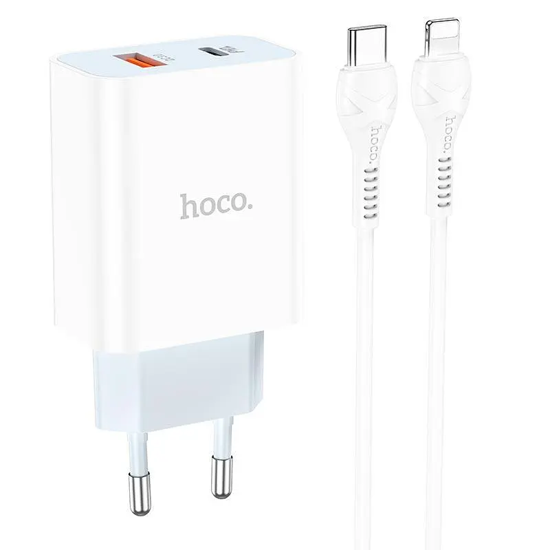 Блок живлення зарядний адаптер HOCO C97A 2 виходи + кабель Type-C to Lightning charger set 2 виходи білий - фото 2