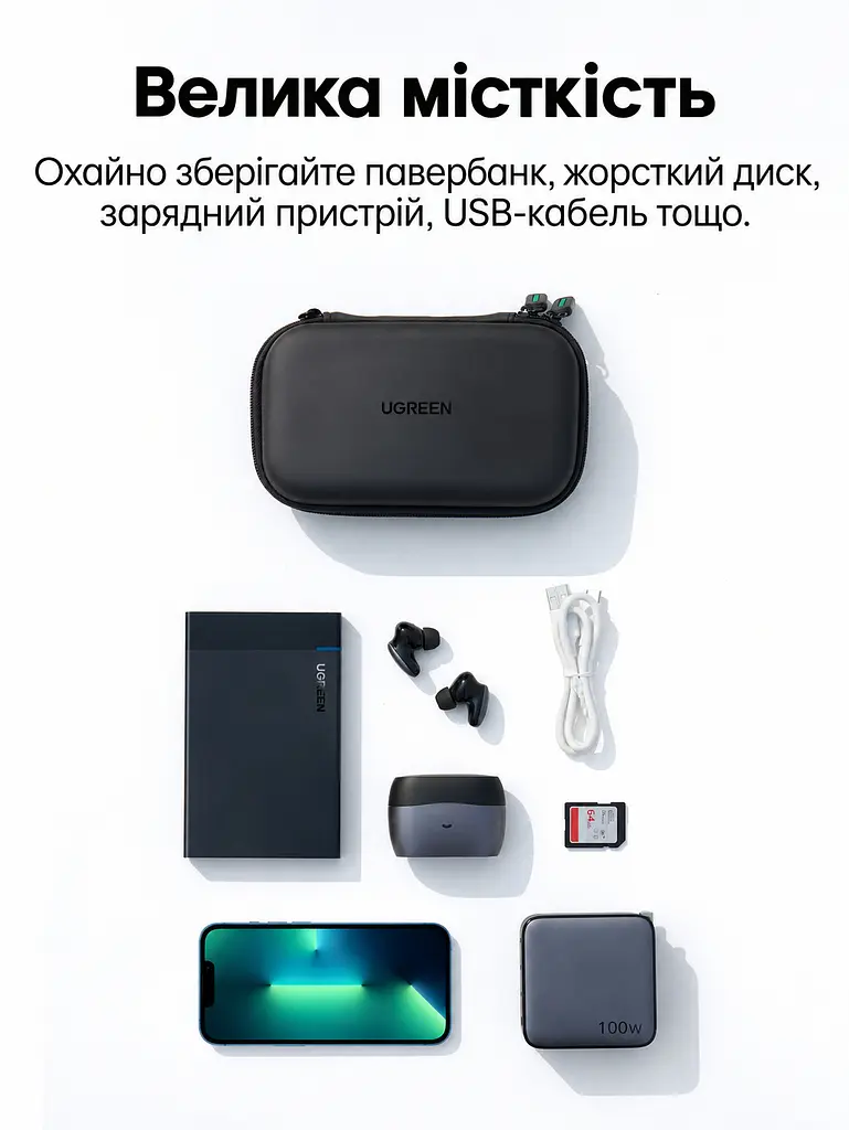 Защитный футляр для жёсткого диска и аксессуаров UGREEN LP128 малый 16,5 × 9,5 × 4,5 см органайзер для накопителя 2,5″ с защитой от брызг с оболочкой EVA и противоударной подкладкой с эластичными фиксаторами с сетчатым карманом для кабелей с мягкой перегородкой чёрный (40707) - фото 9