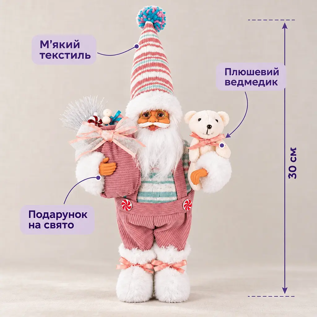 Фігурка Санта-Клауса новорічна з ведмедиком та подарунковою сумкою 30 см рожева - фото 4