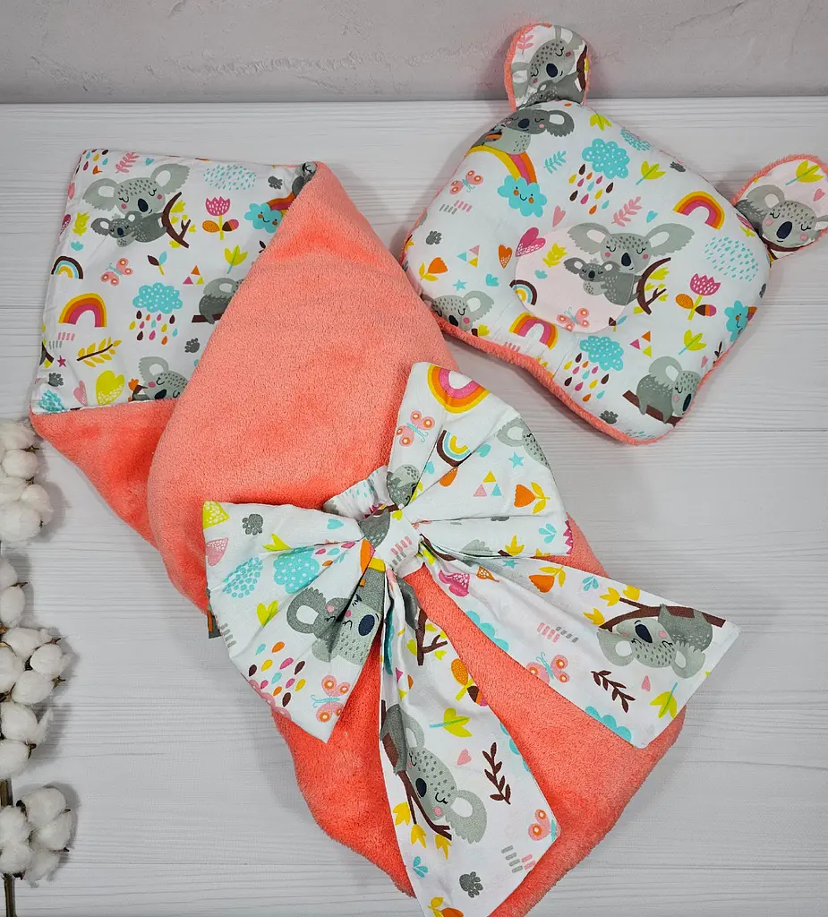 Плед для немовлят із знімним утеплювачем, подушка та бантом a.l.babybox Коали на веселці Помаранчевий