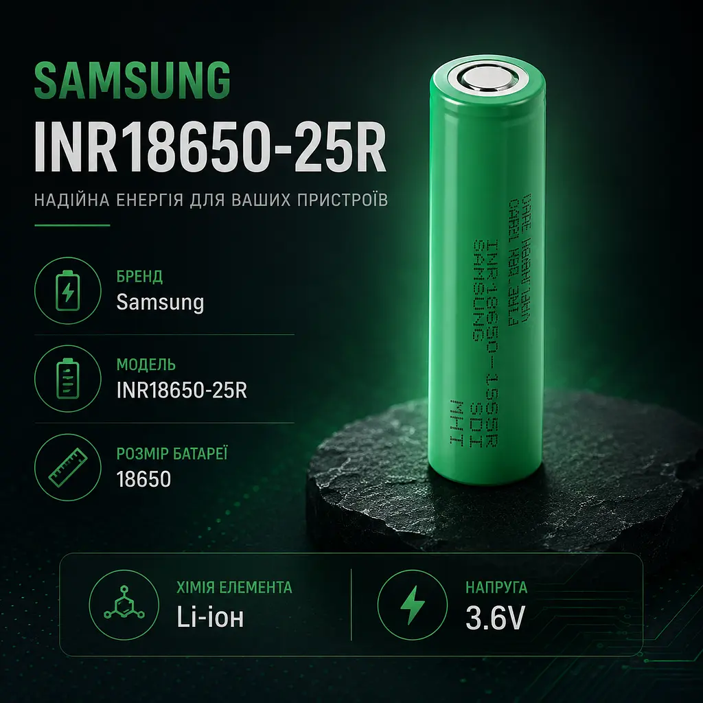 Акумулятор Samsung INR18650-25R 2500mAh 20A — високострумовий Li-ion акумулятор 18650 для повербанків, вейпів та електроніки - фото 4