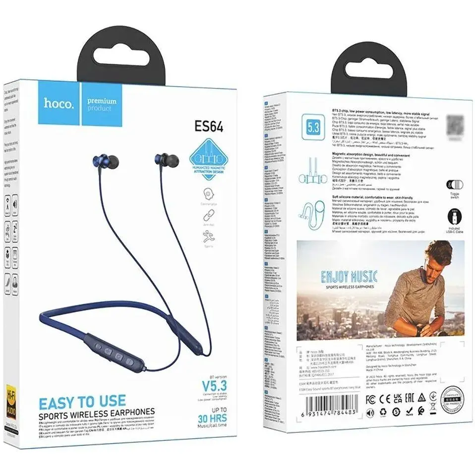 Беспроводные наушники Hoco ES64 с микрофоном Bluetooth 5.3 гарнитура спортивная синяя - фото 3