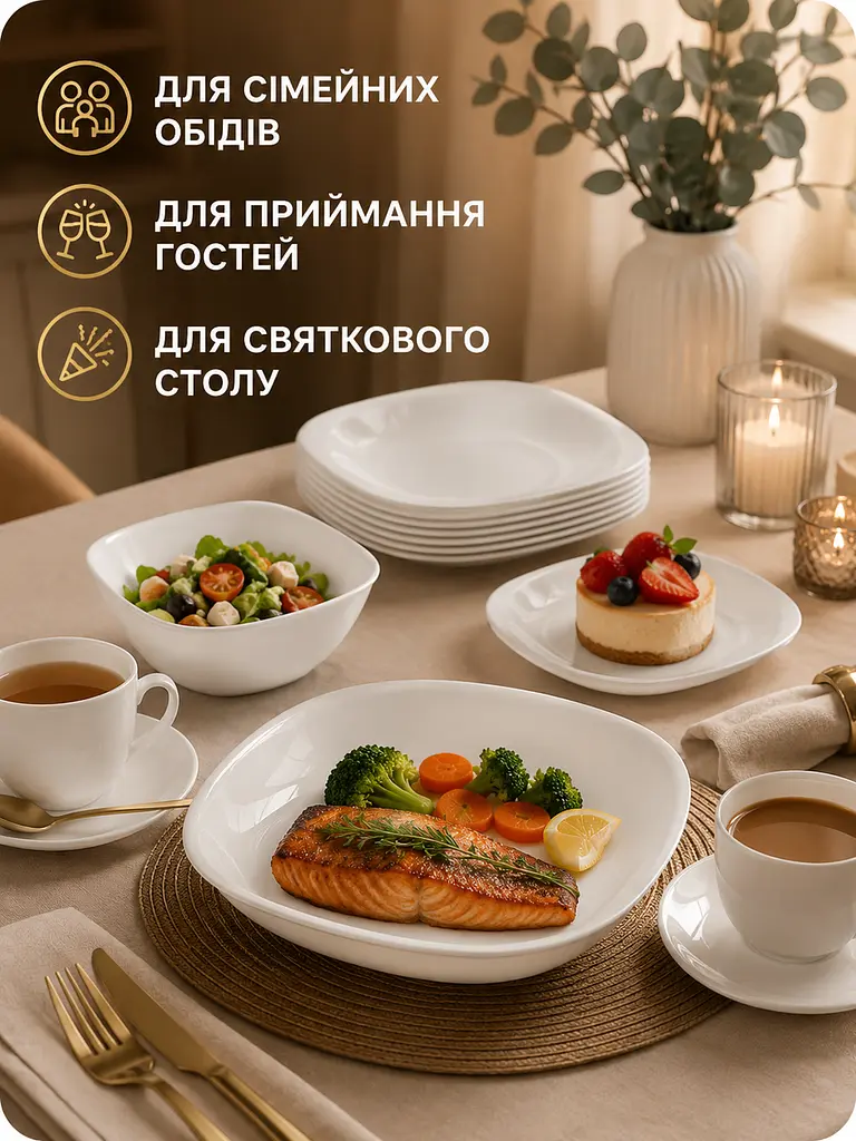 Скляний столовий сервіз на 4 персони 20 предметів, тарілки 26 см, чашки 200 мл, білий (49676278) - фото 4