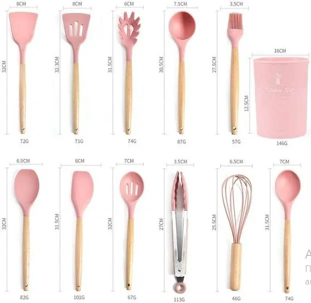Силиконовый кухонный набор принадлежностей Kitchen & Dining 12 предметов (дерево+силикон) розовый - фото 5