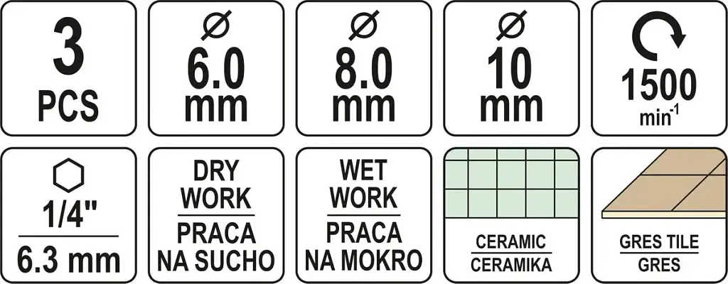 Сверла с алмазным пругом Yato Ø=6-8-10 мм l=65/10 мм с 6-гранным шпинделем 1/4" 3 шт. (YT-60409) - фото 4
