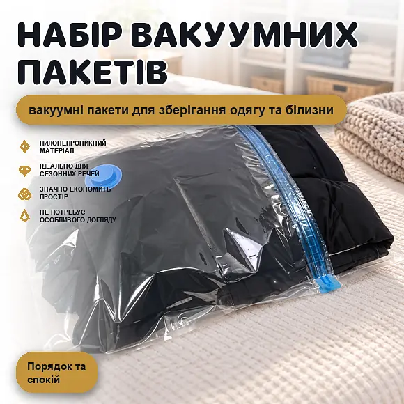 Вакуумні пакети для зберігання речей 6 шт (5 пакетів + насос) для одягу, білизни, ковдр - фото 2