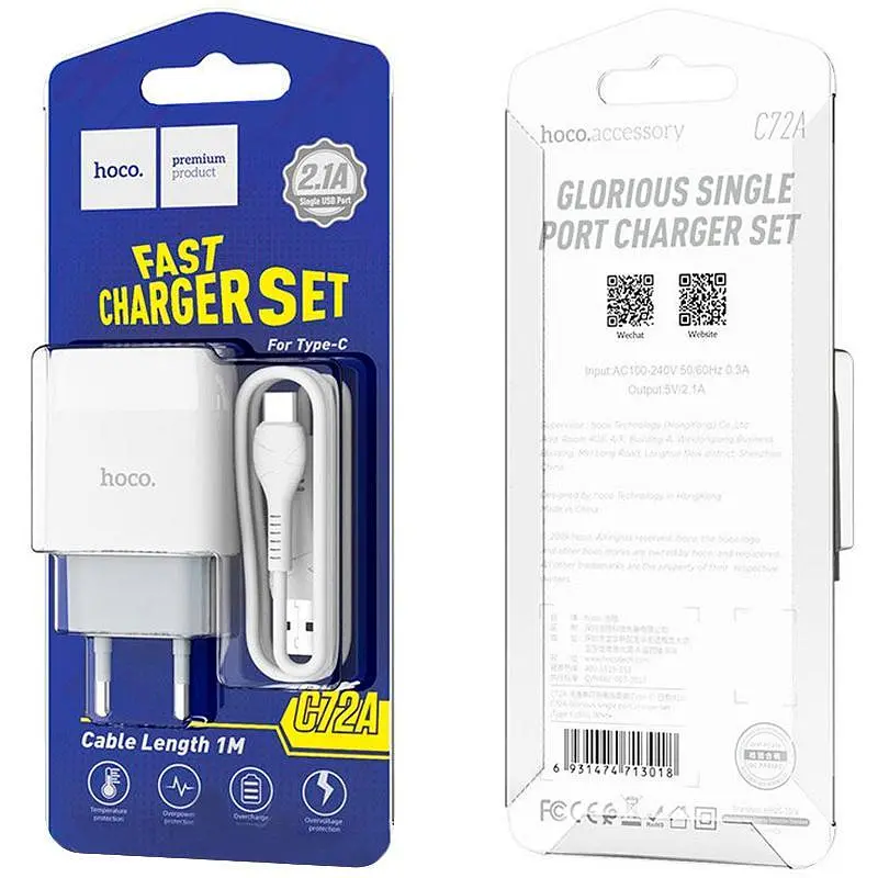 Мережевий зарядний пристрій Hoco 1USB C72A 2.1A White + USB Cable iPhone 8 - фото 2