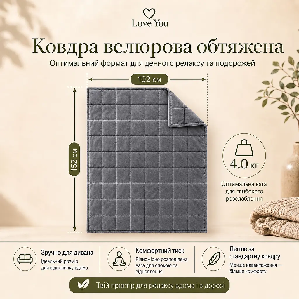 Ковдра обтяжена Love You антистрес велюрова 102×152 см 4 кг сіра (ly4715) - фото 5
