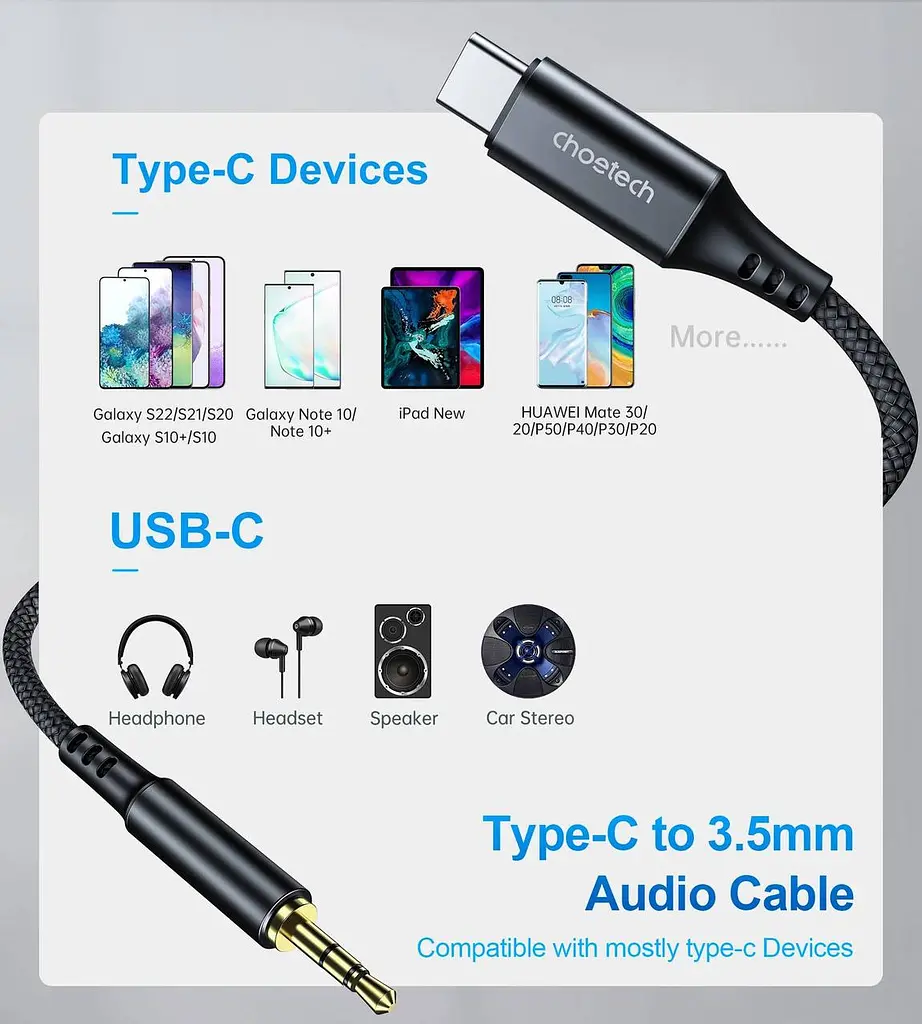 Кабель AUX Type-C - TRS Audio M/M 1.0 м DAC Chip 96kHz, чорний Choetech - фото 2