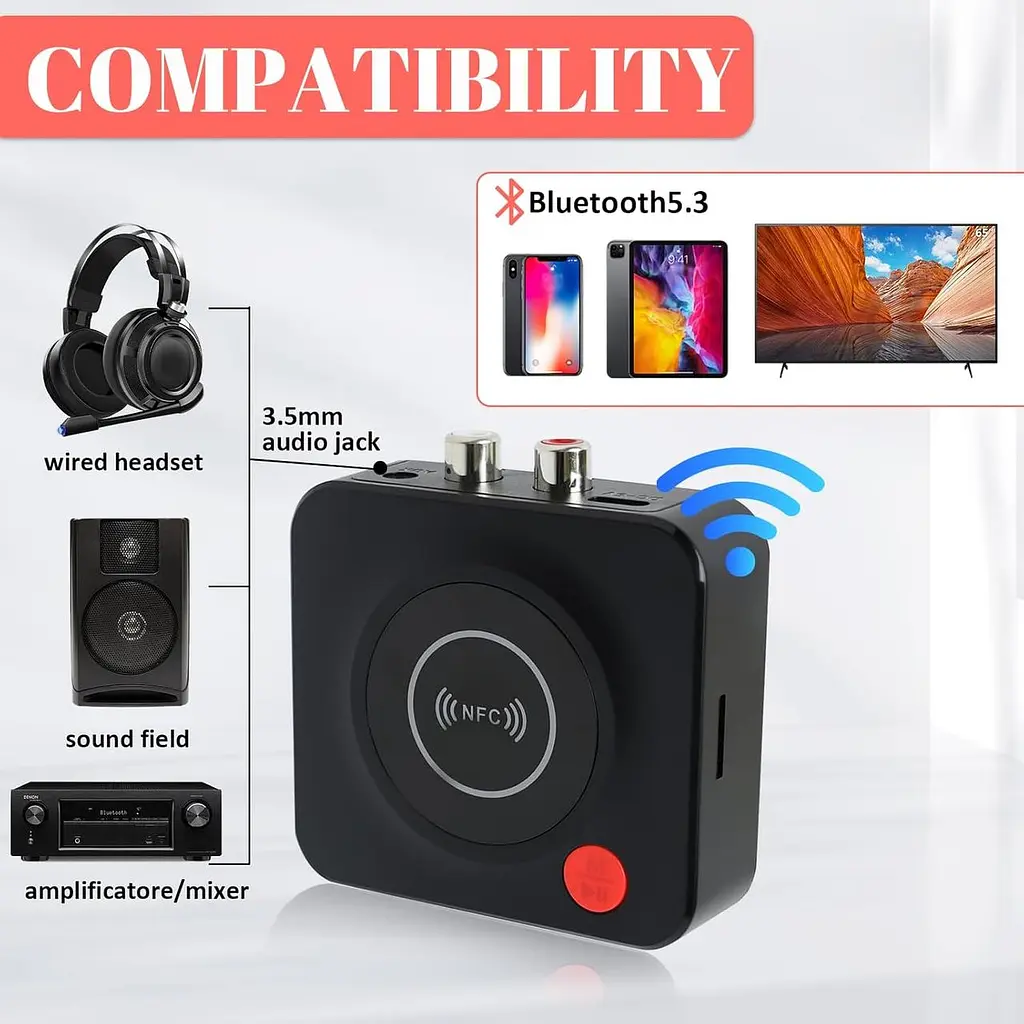 Аудіоприймач Greacesrio Bluetooth 5.3 HiFi, Bluetooth-адаптер з низькою затримкою та слотом для карт NFC/3,5 мм AUX/RCA/TF - фото 5
