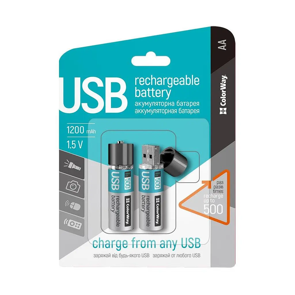 Акумулятор ColorWay AA USB 1200 mAh 1.5V R6 * 2 (CW-UBAA-02) - фото 3