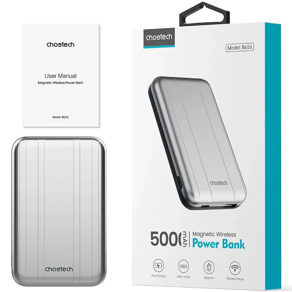 Універсальна мобільна батарея Choetech Magnetic Wireless 5000mAh USB-A, USB-C In/Out B655 - фото 2