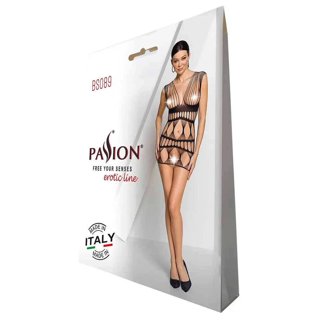 Бодістокінг-сукня Passion BS089 black, міні, плетіння у вигляді павутини - фото 8