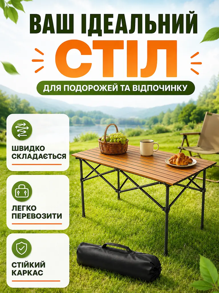 Стіл складаний туристичний коричневий 95х55х50 см з чохлом (49676021) - фото 2