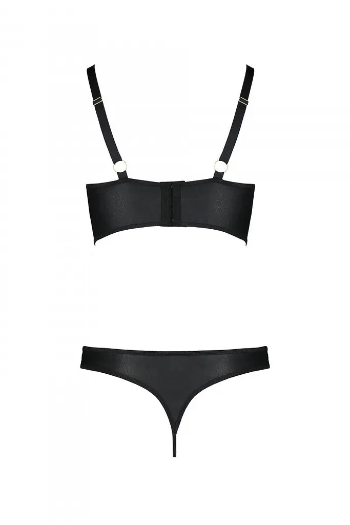 Комплект из эко-кожи: с люверсами и ремешками Passion Malwia Bikini, бра и трусики, S/M, черный - фото 2