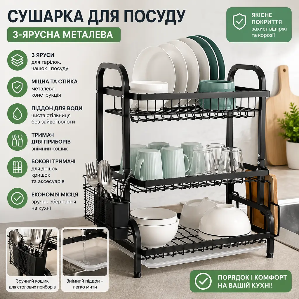 Сушарка для посуду 3-ярусна металева з піддоном та тримачами для столових приладів - настільна полиця для кухні чорна - фото 2