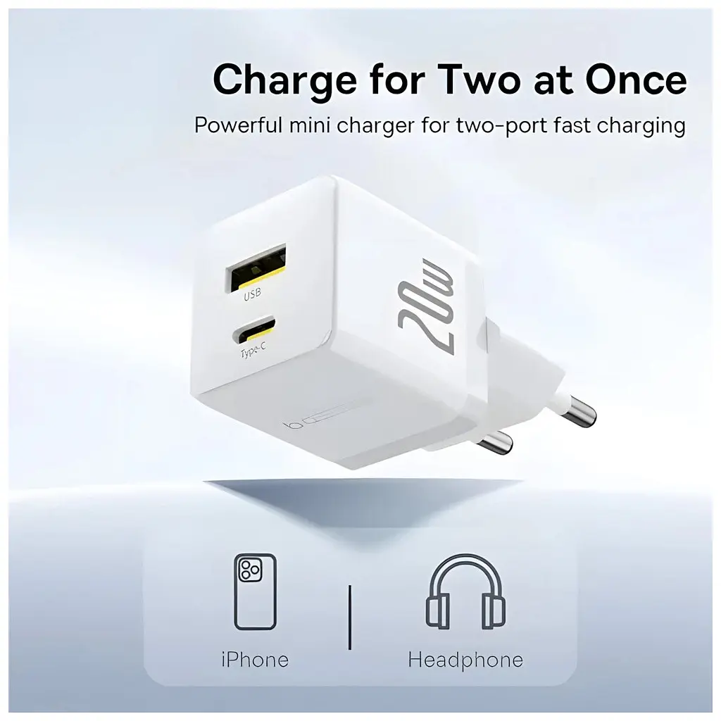 Зарядний пристрій Baseus 1xUSB-C 20 Вт + 1xUSB білий + кабель USB-C — USB-C 60 Вт 1.0 м (P10111608213-01) - фото 8