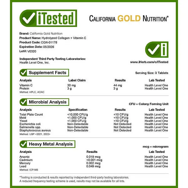 Коллаген Hydrolyzed Collagen + Vitamin C Type 1&3 250 таблеток California Gold Nutrition vit0005673 - фото 4