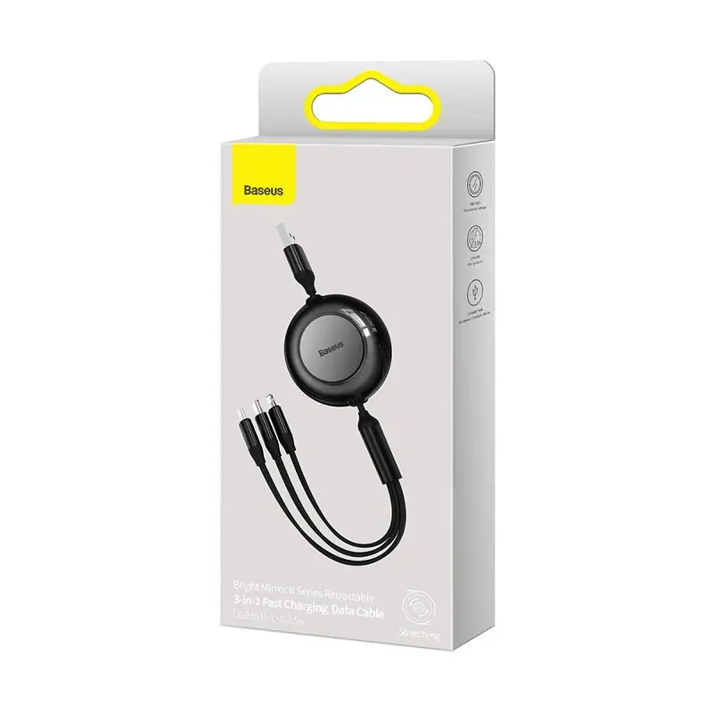 Кабель Baseus Free2Draw Retractable Crystal Fast Charging Data Cable USB to M+L+C 3.5A 1.1 м Cluster черный - фото 2