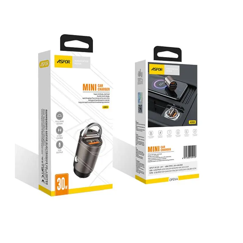 Автомобільний зарядний пристрій Aspor A908 Mini Metal (USB/USB-C/4.8A/30W)- графітовий - фото 5