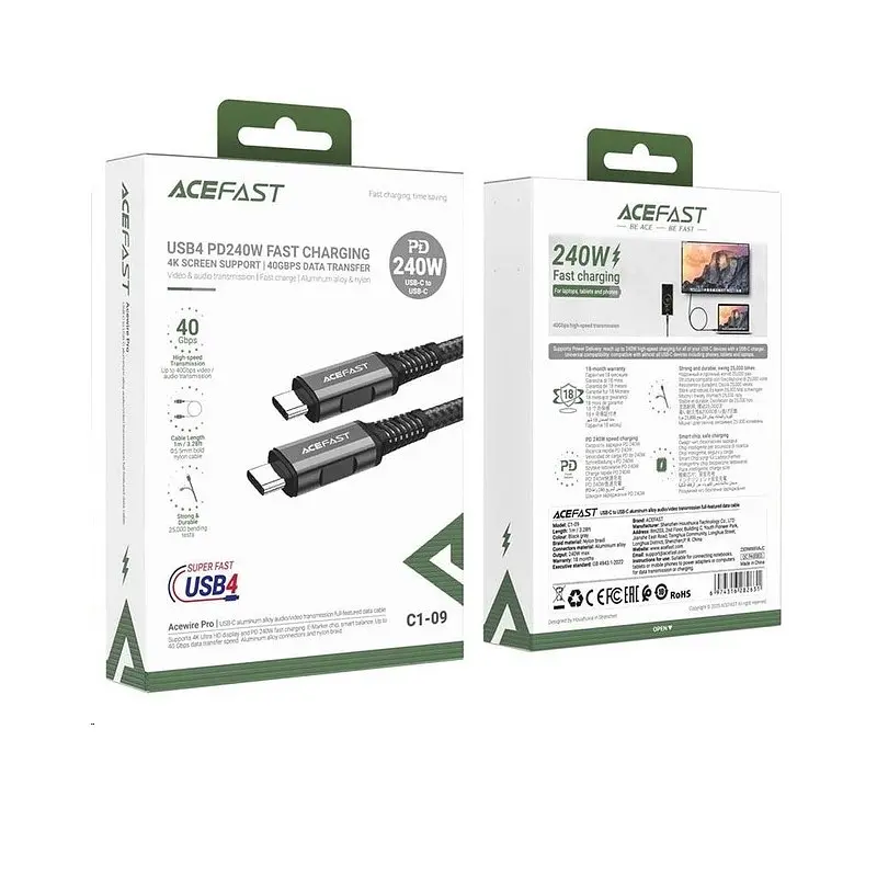 Кабель ACEFAST C1-09 USB-C - USB-C із алюмінієвого сплаву для передачі аудіо/відео повнофункціонального кабелю даних, чорний C1-09 - фото 2