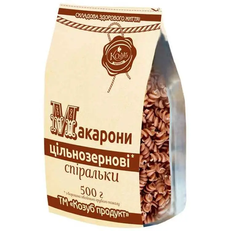Макарони цільнозернові Козуб Продукт 500г спіральки в пакеті