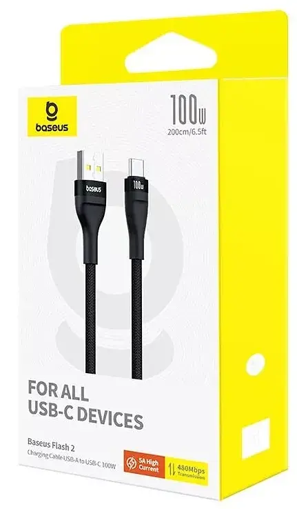 Кабель Baseus Flash 2 Charging Cable USB to Type-C 100W 1m P10311804111-00 Black - фото 7