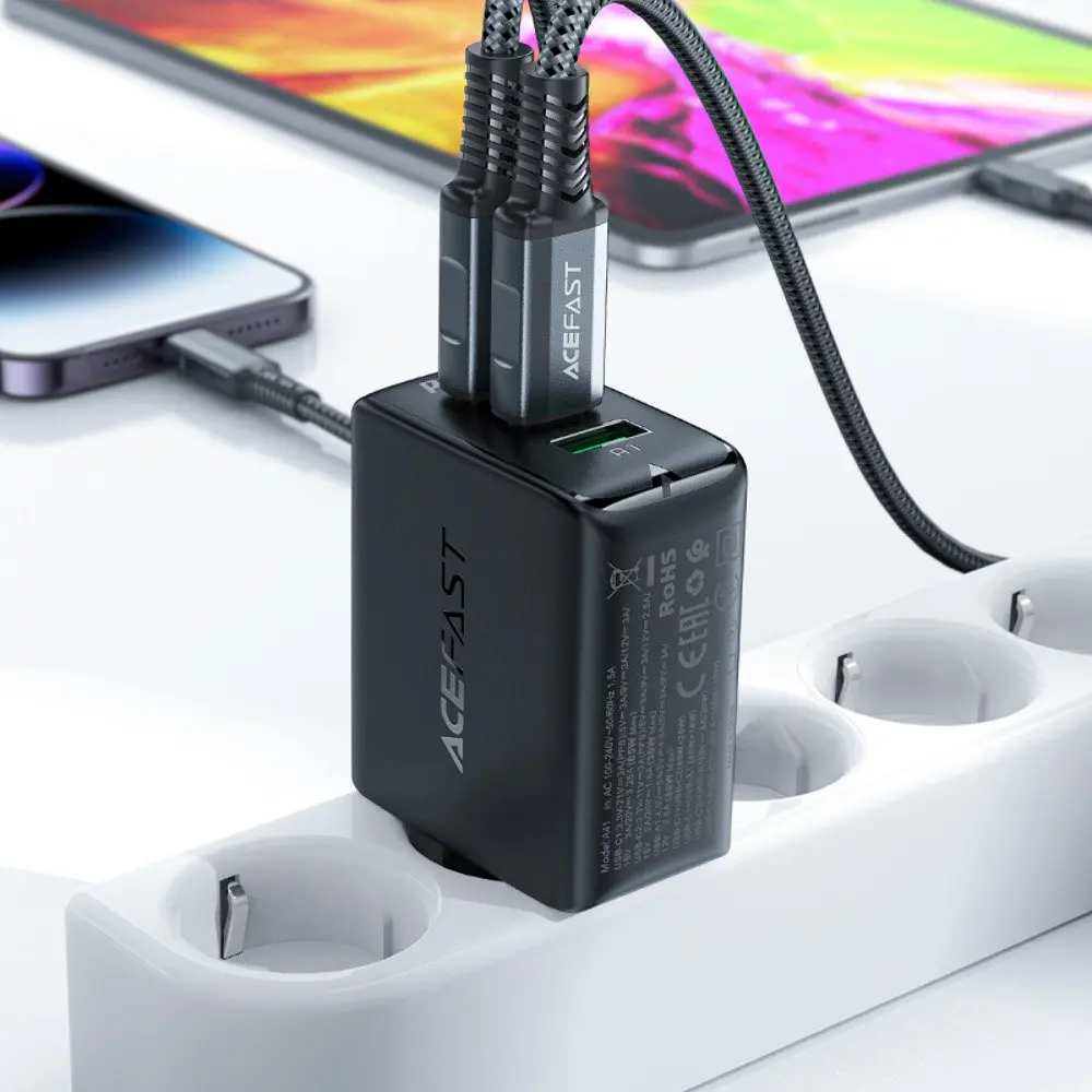Мережевий зарядний пристрій Acefast A41 USB/2 Type-C QC PD PD65W GaN чорний - фото 2