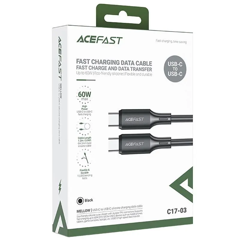 Дата кабель Acefast C17-03 Type-C to Type-C 60W (1.2m) Black - фото 2