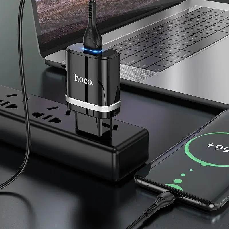 Мережевий зарядний пристрій Hoco N1, 12W 2.4 A з USB-роз'ємом і кабелем Type-C у комплекті чорний - фото 9