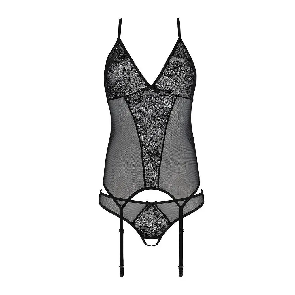 Корсет з пажами трусики з ажурним декором та відкритим кроком Passion Ursula CorSet black L/XL - фото 4