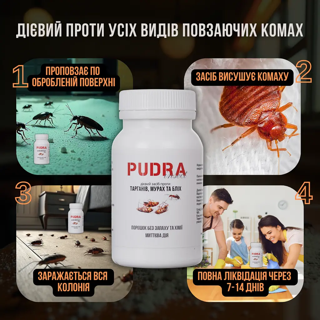 Pudra пудра від тарганів мурах бліх клопів чешуйниць повзаючих комах екологічна без хімії без запаху механічна дія - фото 4