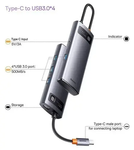 Хаб USB Baseus Metal Gleam, Grey, Type-C 3.0 - 1xType-C (15 Вт) / 4xUSB 3.0, кабель 15 см, алюмінієвий корпус (WKWG070013) - фото 4